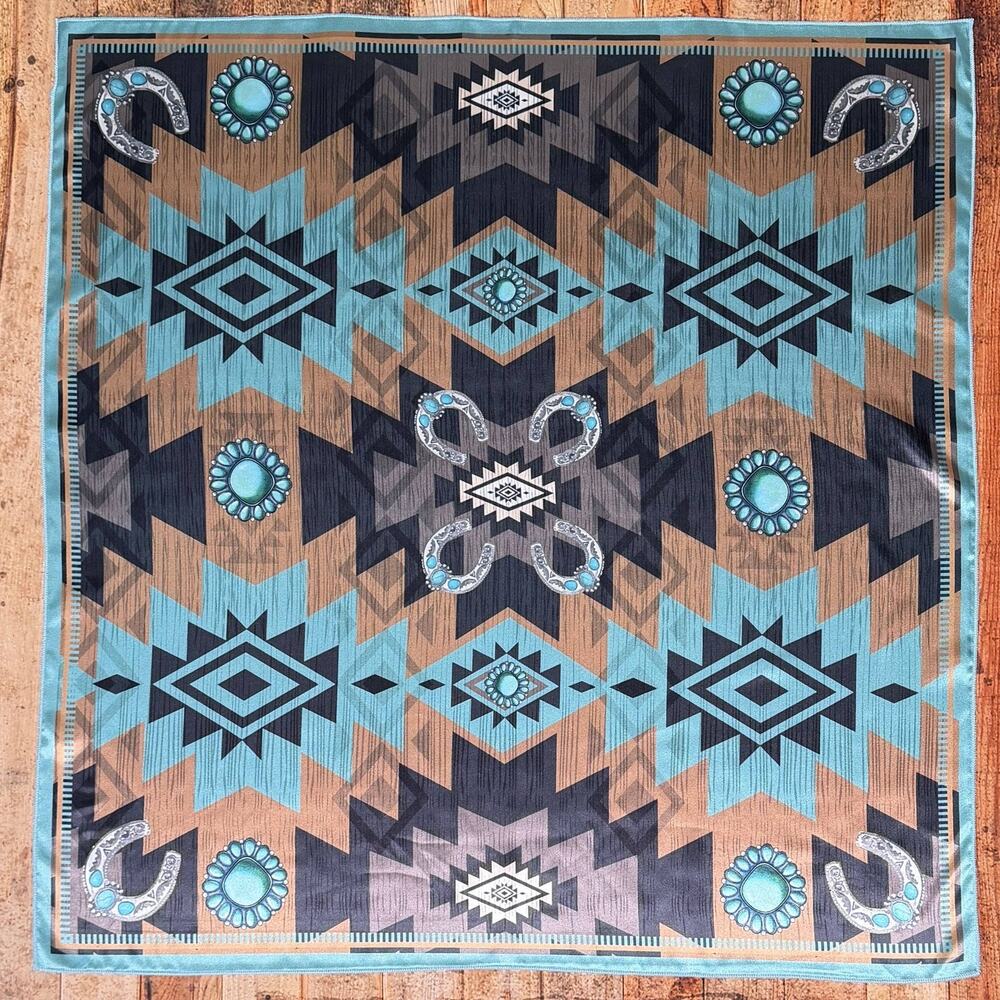 Aztec Print Square Silky Wild Rag | Teal/Mocha